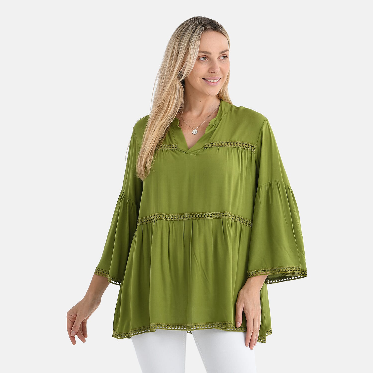 Tamsy V-Neck Loose Fit Top with Crochet Trim (One Size) - Green