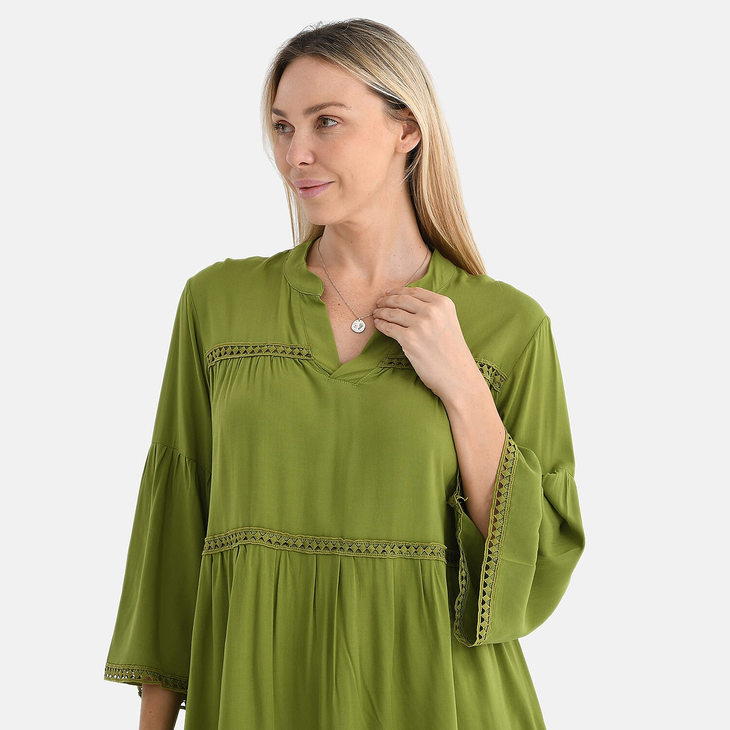 Tamsy V-Neck Loose Fit Top with Crochet Trim (One Size) - Green