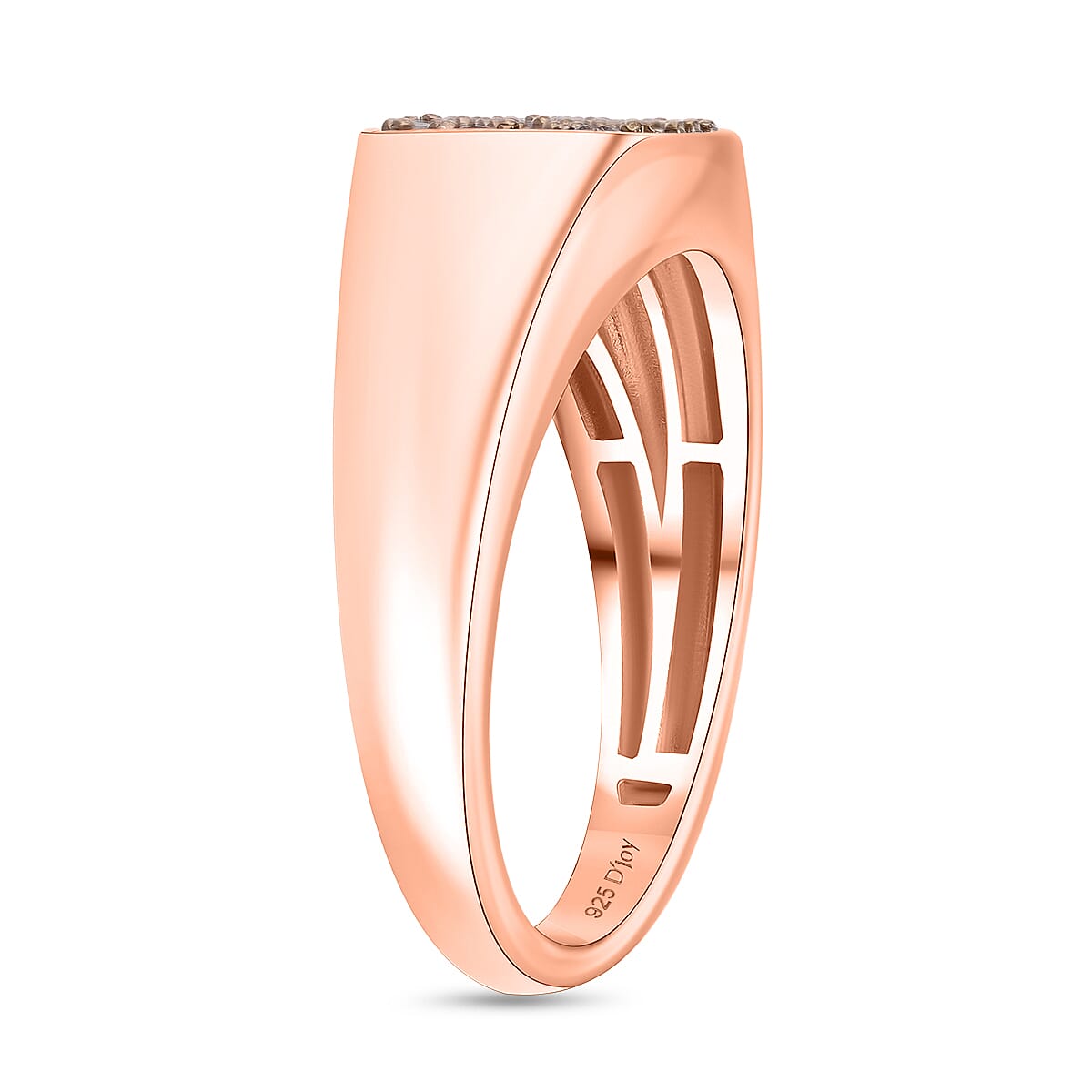 Natural Arglye Champagne Diamond SIGNET Ring in Pink Gold Vermeil Sterling Silver 0.33 Ct.