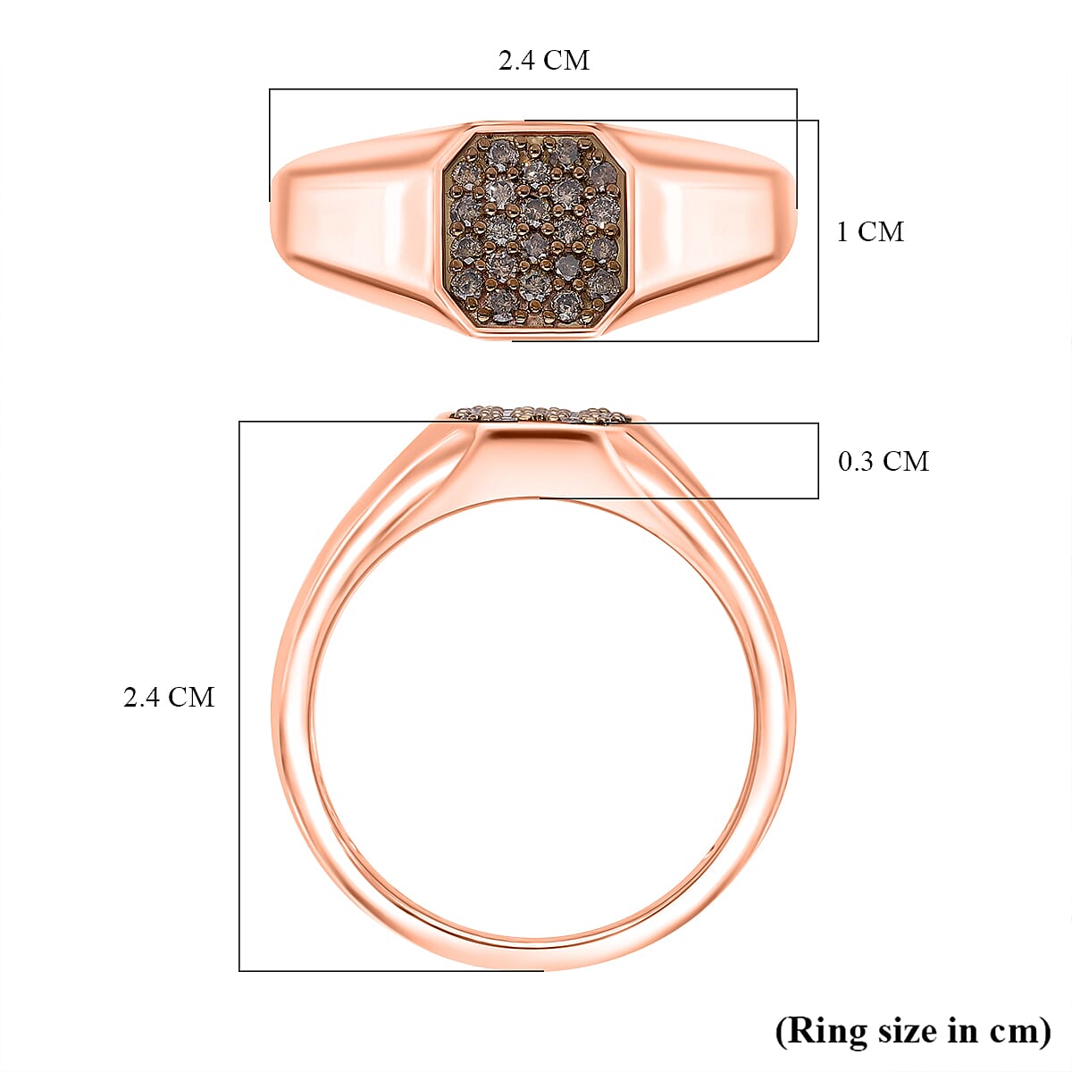 Natural Arglye Champagne Diamond SIGNET Ring in Pink Gold Vermeil Sterling Silver 0.33 Ct.