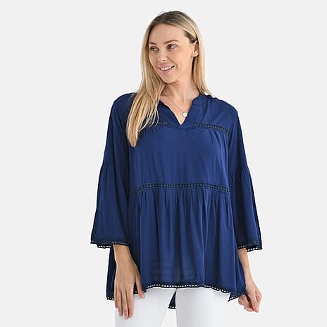 - Maisi Rayon Boho V-Neck Tunic Top (One Size, 10 to 20) - Black