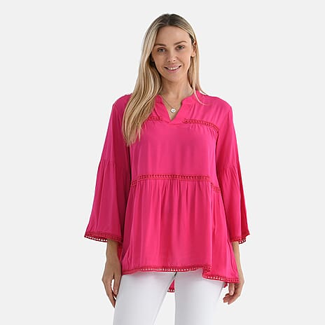 - Maisi Rayon Boho V-Neck Tunic Top (One Size, 10 to 20) - Hot Pink