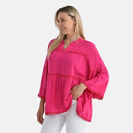 - Maisi Rayon Boho V-Neck Tunic Top (One Size, 10 to 20) - Hot Pink