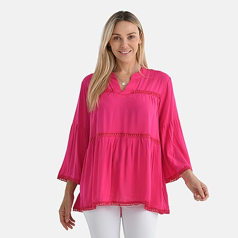 - Maisi Rayon Boho V-Neck Tunic Top (One Size, 10 to 20) - Hot Pink