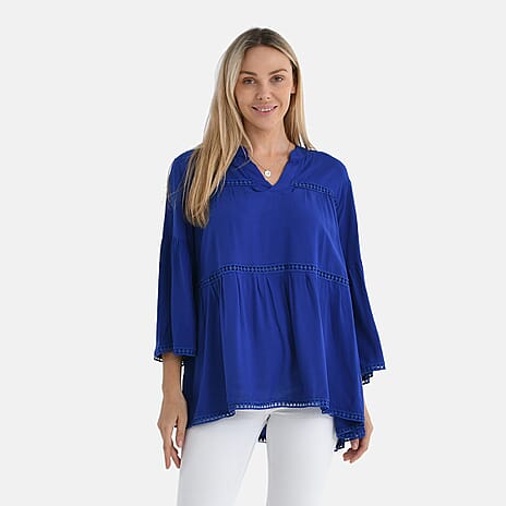 - Maisi Rayon Boho V-Neck Tunic Top (One Size, 10 to 20) - Blue