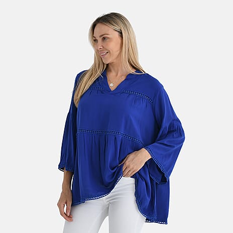 - Maisi Rayon Boho V-Neck Tunic Top (One Size, 10 to 20) - Blue