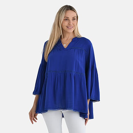 - Maisi Rayon Boho V-Neck Tunic Top (One Size, 10 to 20) - Blue