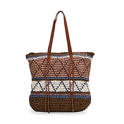 Bohemian Inspired Straw Tote Bag with Colorful Geometric Pattern - Brown, Pink & Blue