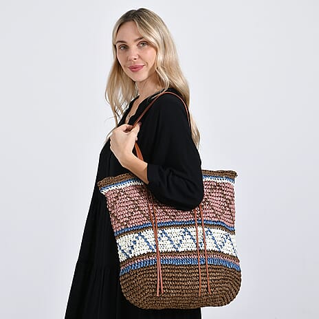 Bohemian Inspired Straw Tote Bag with Colorful Geometric Pattern - Black, Red & Cream