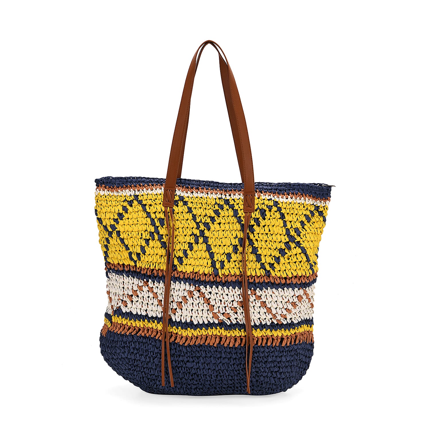 Bohemian Inspired Straw Tote Bag with Colorful Geometric Pattern - Yellow & Navy