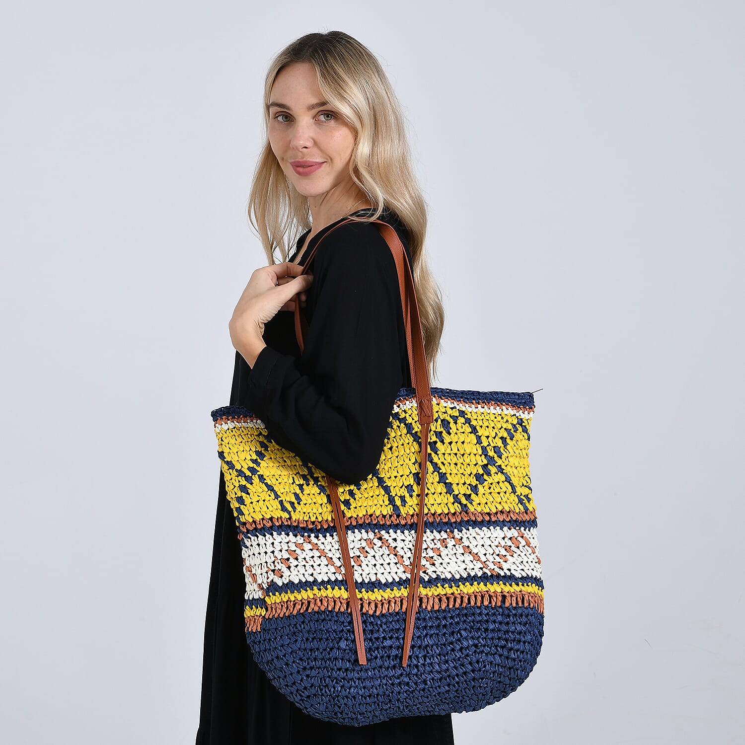 Bohemian Inspired Straw Tote Bag with Colorful Geometric Pattern - Yellow & Navy