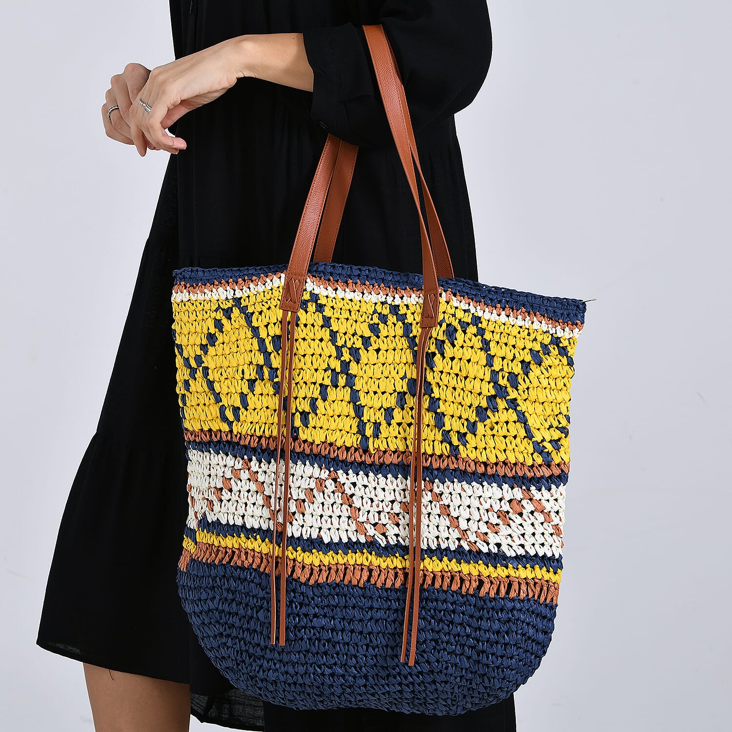 Bohemian Inspired Straw Tote Bag with Colorful Geometric Pattern - Yellow & Navy