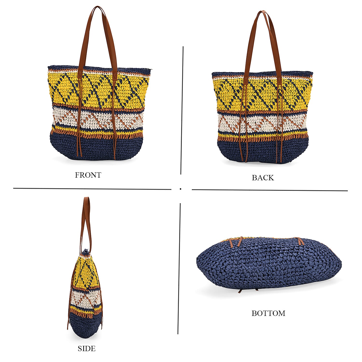Bohemian Inspired Straw Tote Bag with Colorful Geometric Pattern - Yellow & Navy
