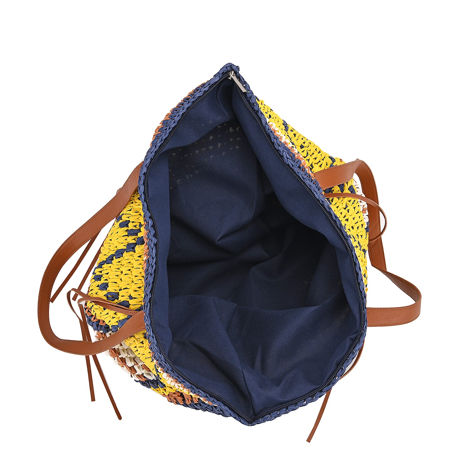 Bohemian Inspired Straw Tote Bag with Colorful Geometric Pattern - Yellow & Navy