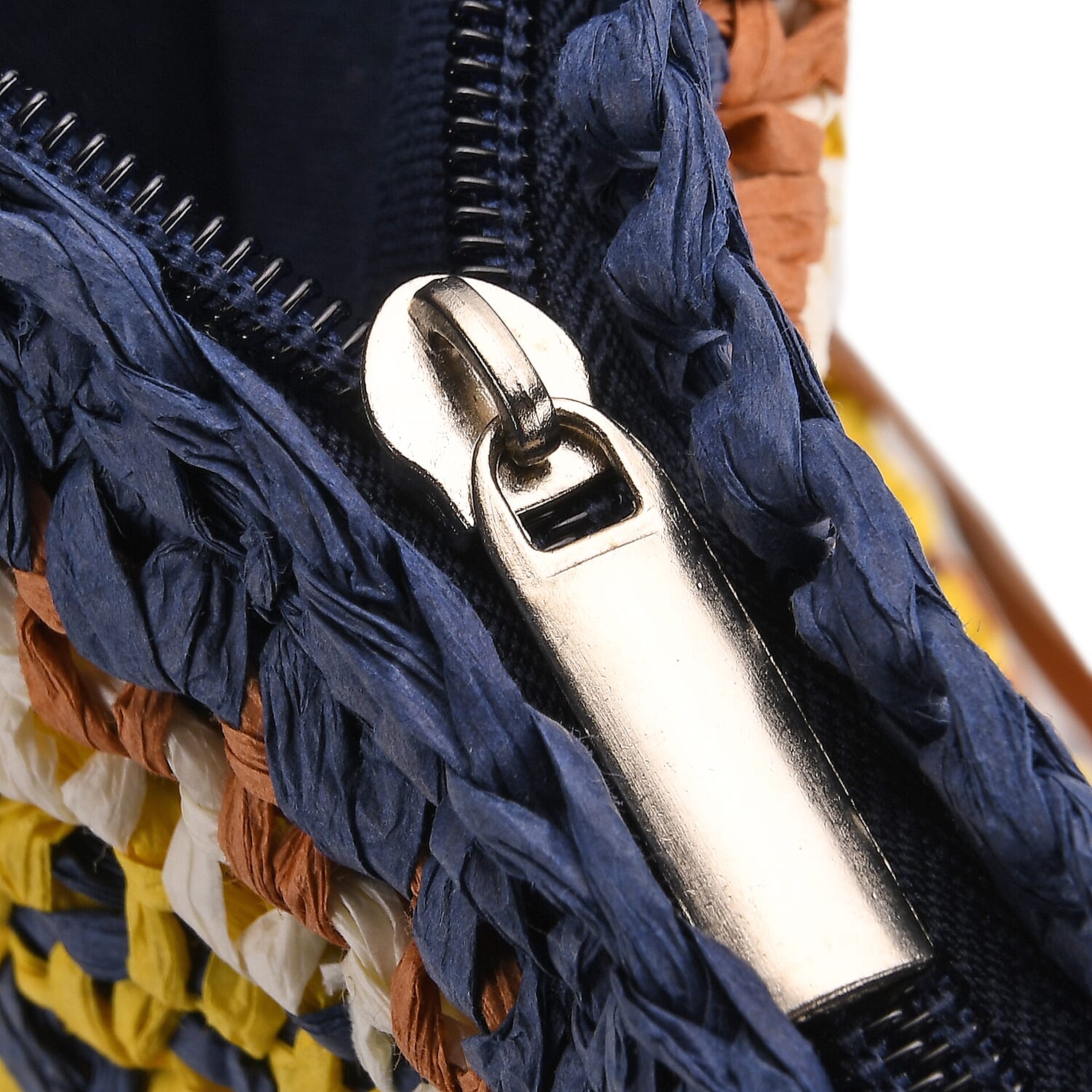 Bohemian Inspired Straw Tote Bag with Colorful Geometric Pattern - Yellow & Navy