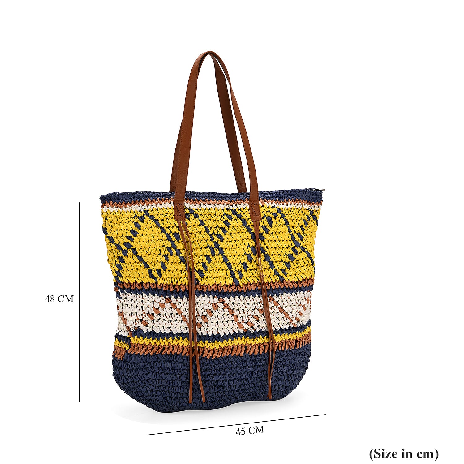 Bohemian Inspired Straw Tote Bag with Colorful Geometric Pattern - Yellow & Navy