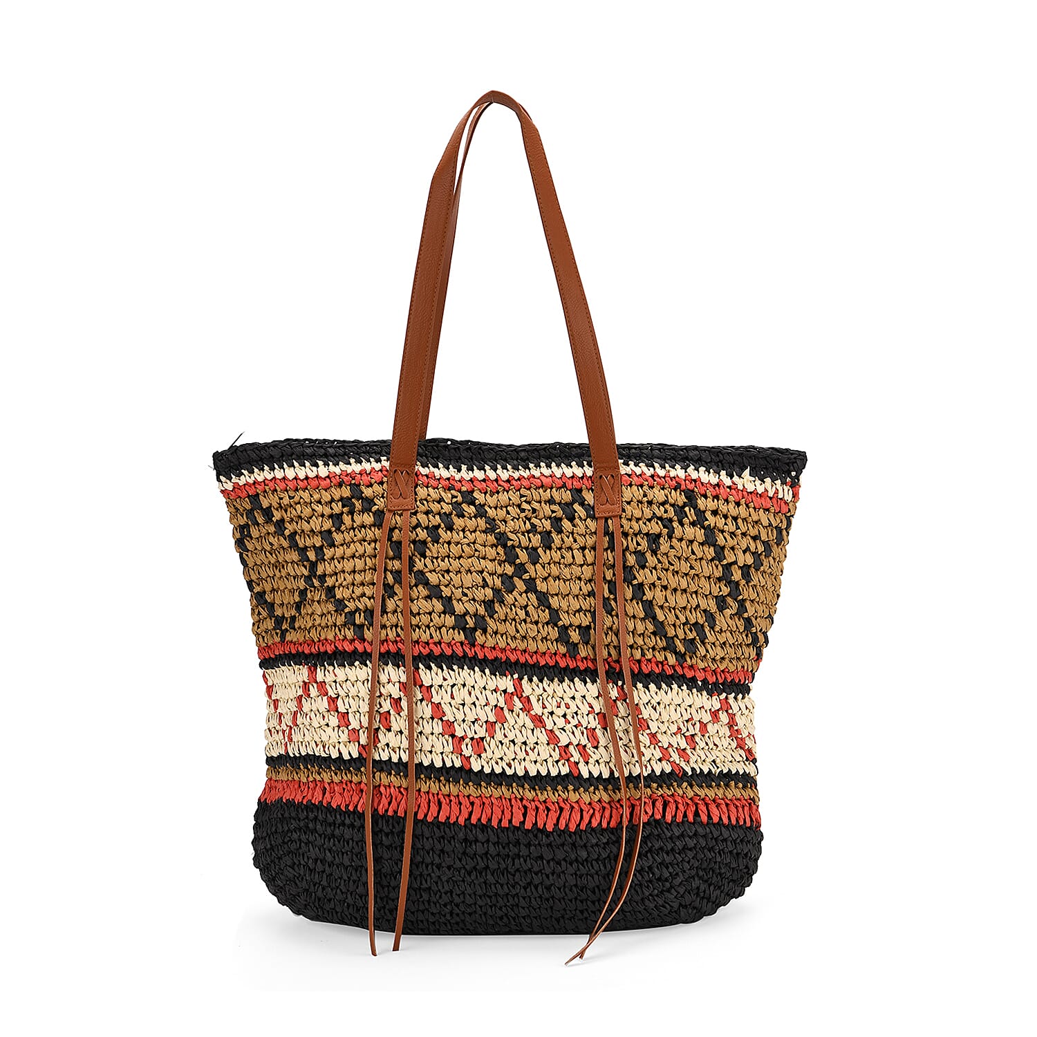 Bohemian Inspired Straw Tote Bag with Colorful Geometric Pattern - Brown, Pink & Blue