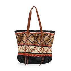 Bohemian Inspired Straw Tote Bag with Colorful Geometric Pattern - Brown, Pink & Blue