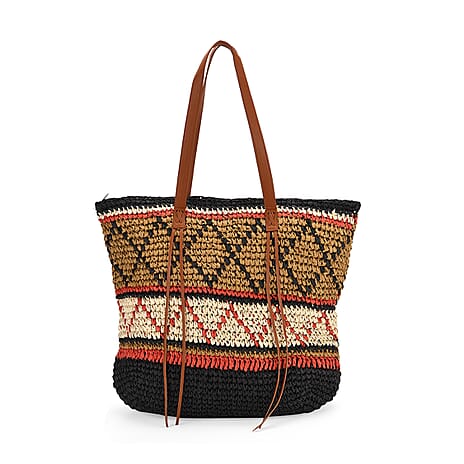 Bohemian Inspired Straw Tote Bag with Colorful Geometric Pattern - Brown, Pink & Blue
