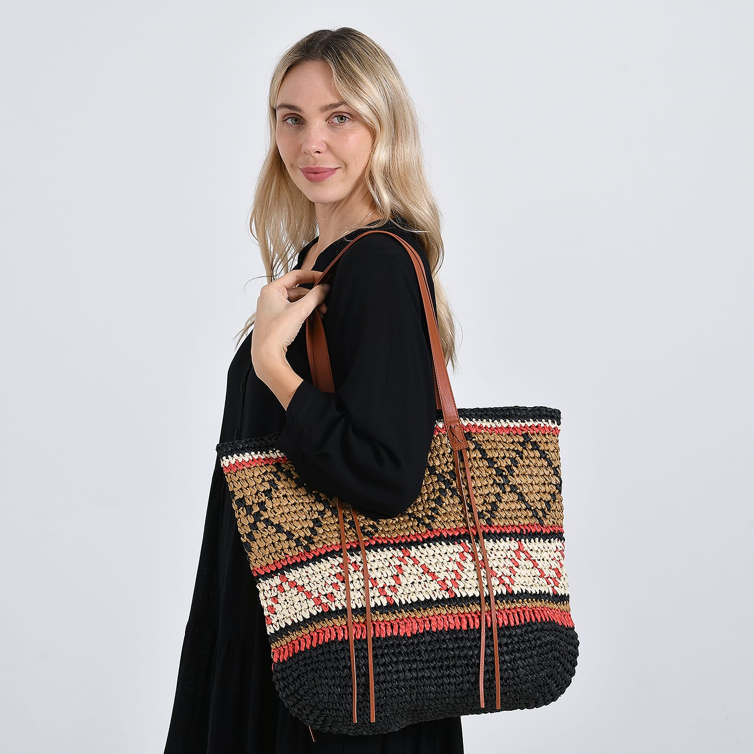 Bohemian Inspired Straw Tote Bag with Colorful Geometric Pattern - Brown, Pink & Blue