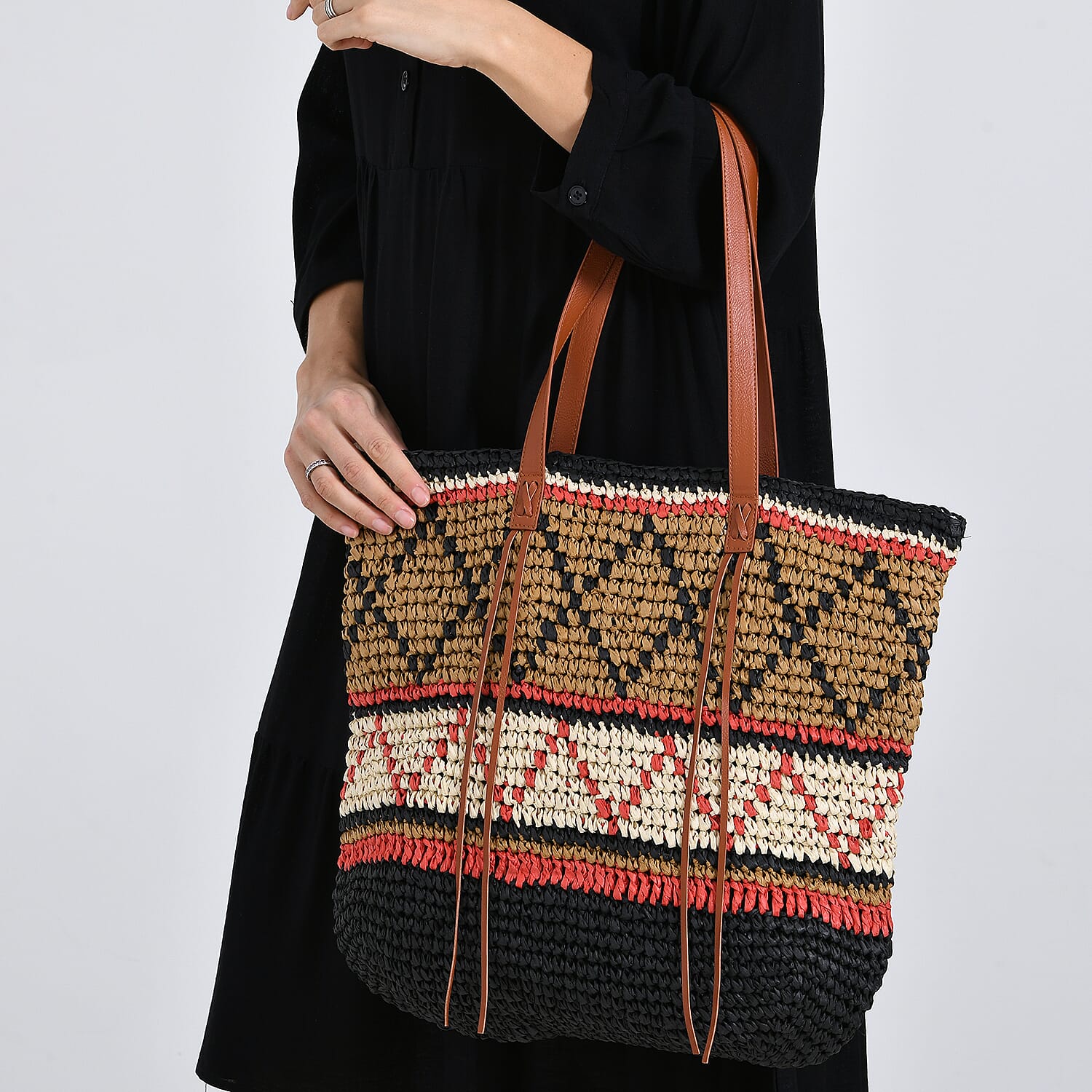 Bohemian Inspired Straw Tote Bag with Colorful Geometric Pattern - Brown, Pink & Blue