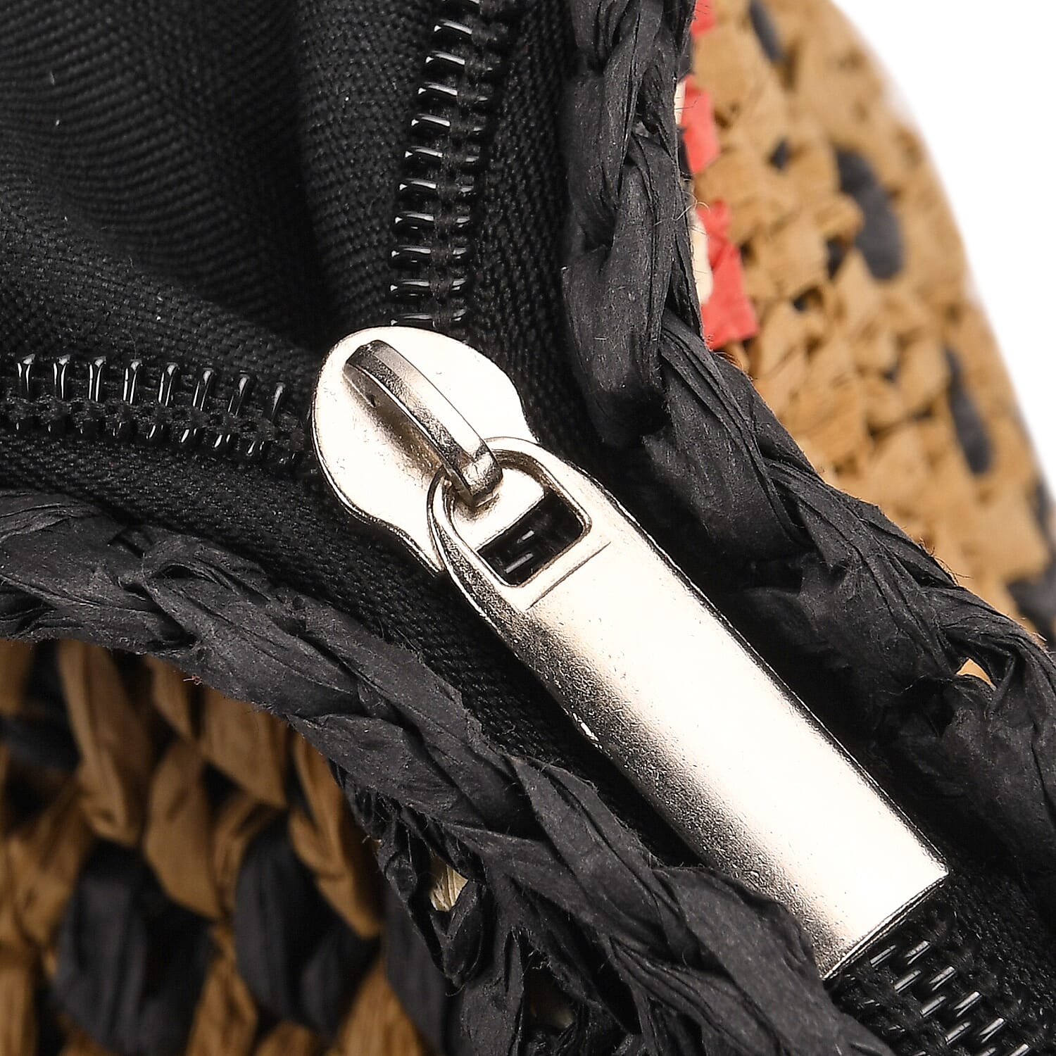 Bohemian Inspired Straw Tote Bag with Colorful Geometric Pattern - Brown, Pink & Blue