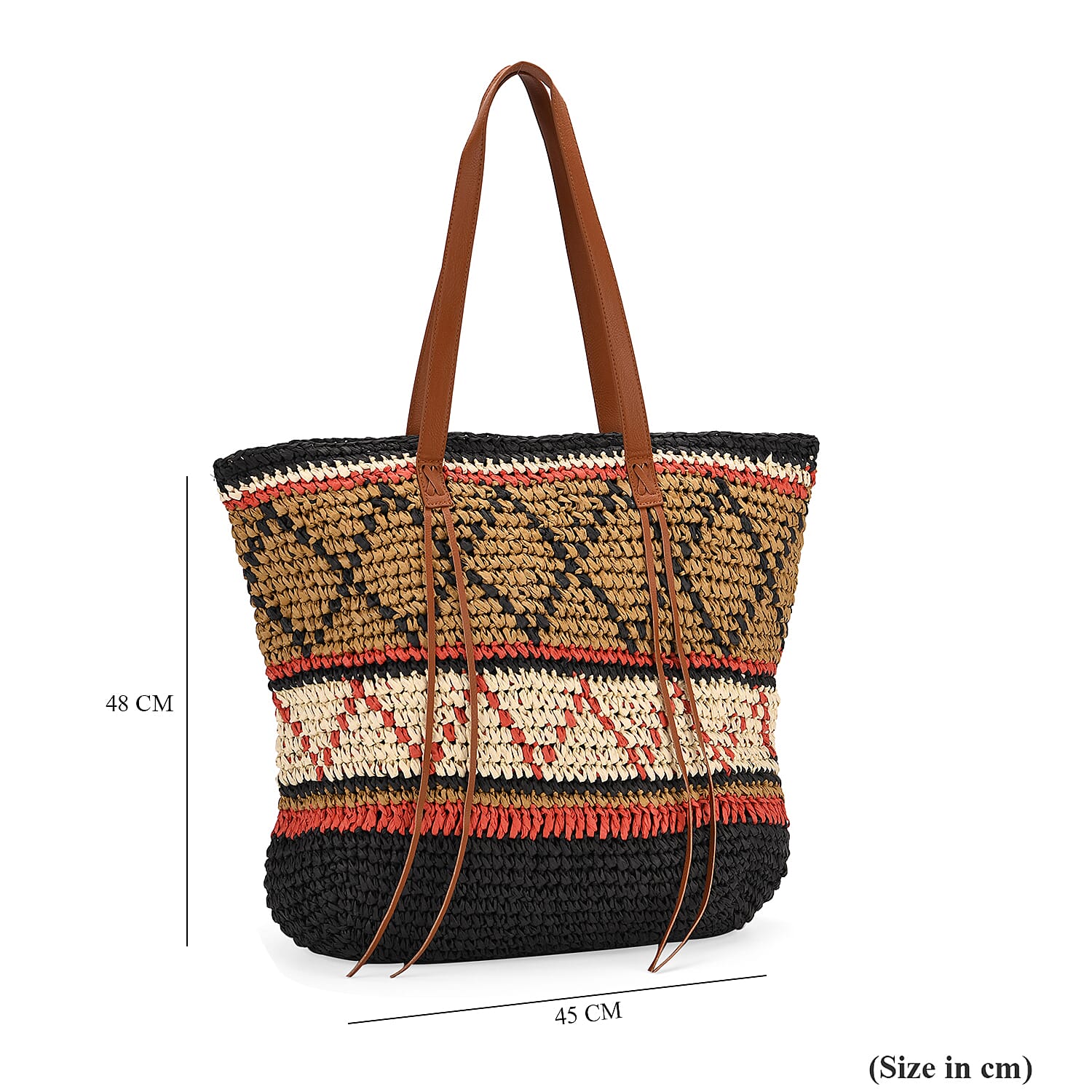 Bohemian Inspired Straw Tote Bag with Colorful Geometric Pattern - Brown, Pink & Blue