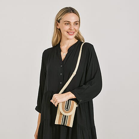 Bohemian Style Casual Summer Straw Crossbody Phone Bag with Striped Pattern - Beige & Khaki