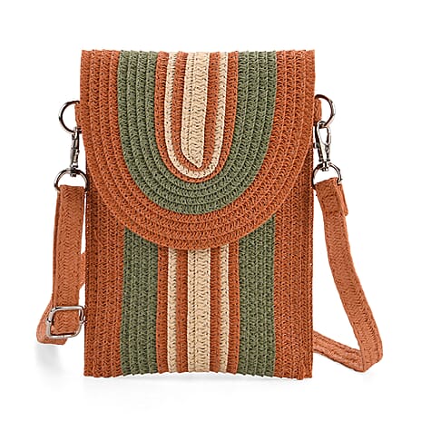 Bohemian Style Casual Summer Straw Crossbody Phone Bag with Striped Pattern - Red & Green