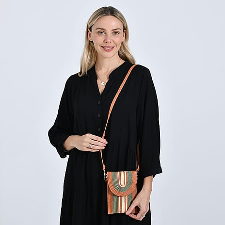 Bohemian Style Casual Summer Straw Crossbody Phone Bag with Striped Pattern - Red & Green