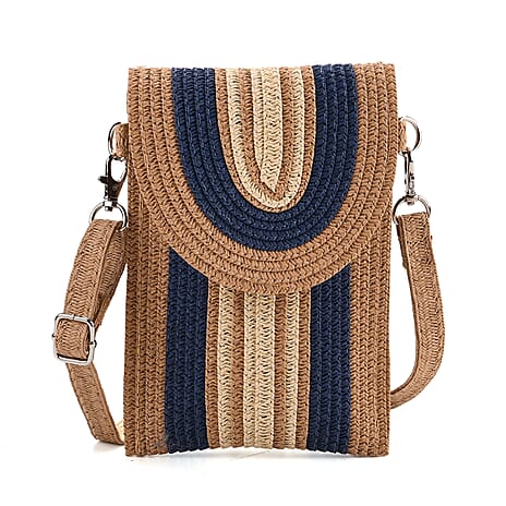 Bohemian Style Casual Summer Straw Crossbody Phone Bag with Striped Pattern - Khaki & Navy