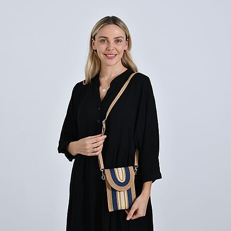 Bohemian Style Casual Summer Straw Crossbody Phone Bag with Striped Pattern - Khaki & Navy