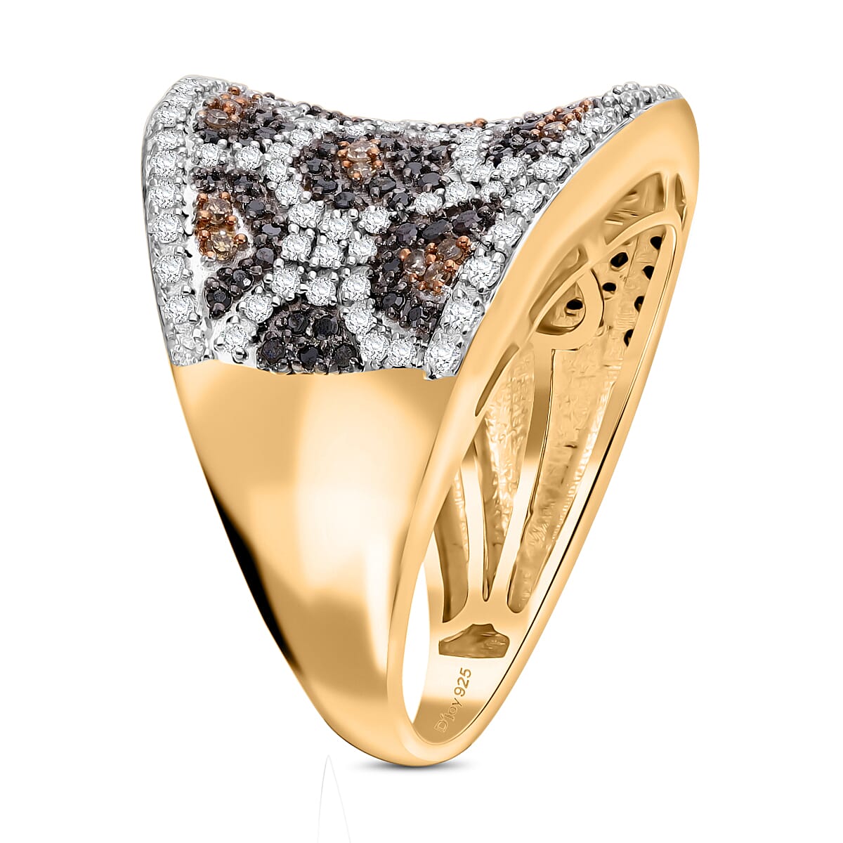 One Time Mega Closeout - Designer Inspired Natural Champagne Diamond, Black & Natural White Diamond DOME Ring in 18K Vermeil Gold Sterling Silver 1.00 Ct