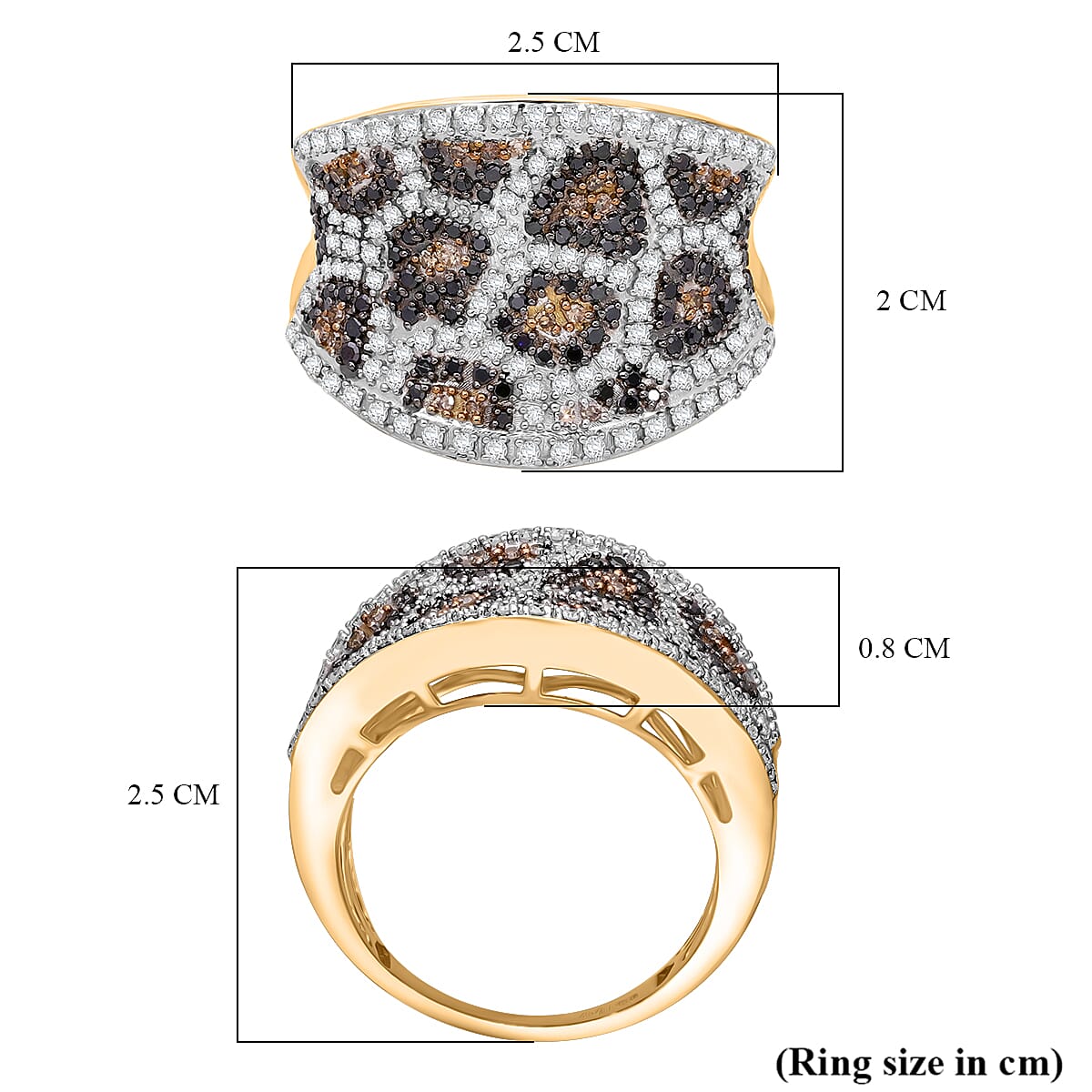 One Time Mega Closeout - Designer Inspired Natural Champagne Diamond, Black & Natural White Diamond DOME Ring in 18K Vermeil Gold Sterling Silver 1.00 Ct