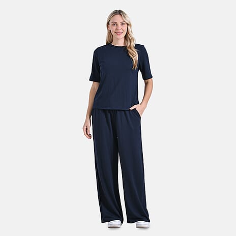 Tamsy Stylish Relaxed Fit Co-Ord Set with Wide-Leg Trousers (Size S) - Navy