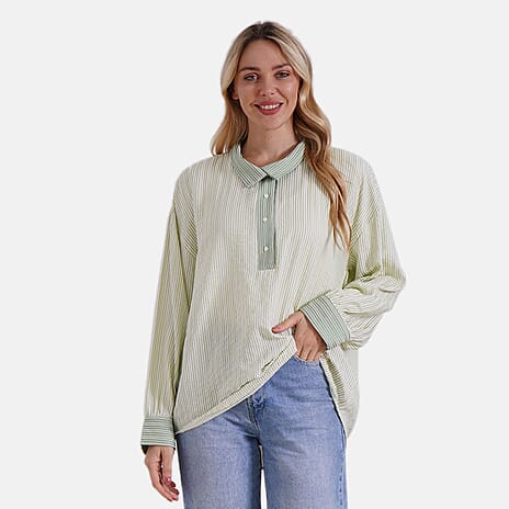 - Maisi Colour Block Stripe Casual Two-Tone Shirt (Size M) - Light - Dark Green