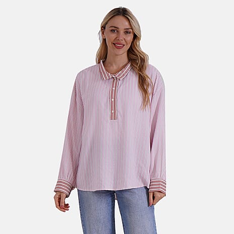 - Maisi Color Block Stripe Casual Shirt ( Size XL) - Light Pink - Red