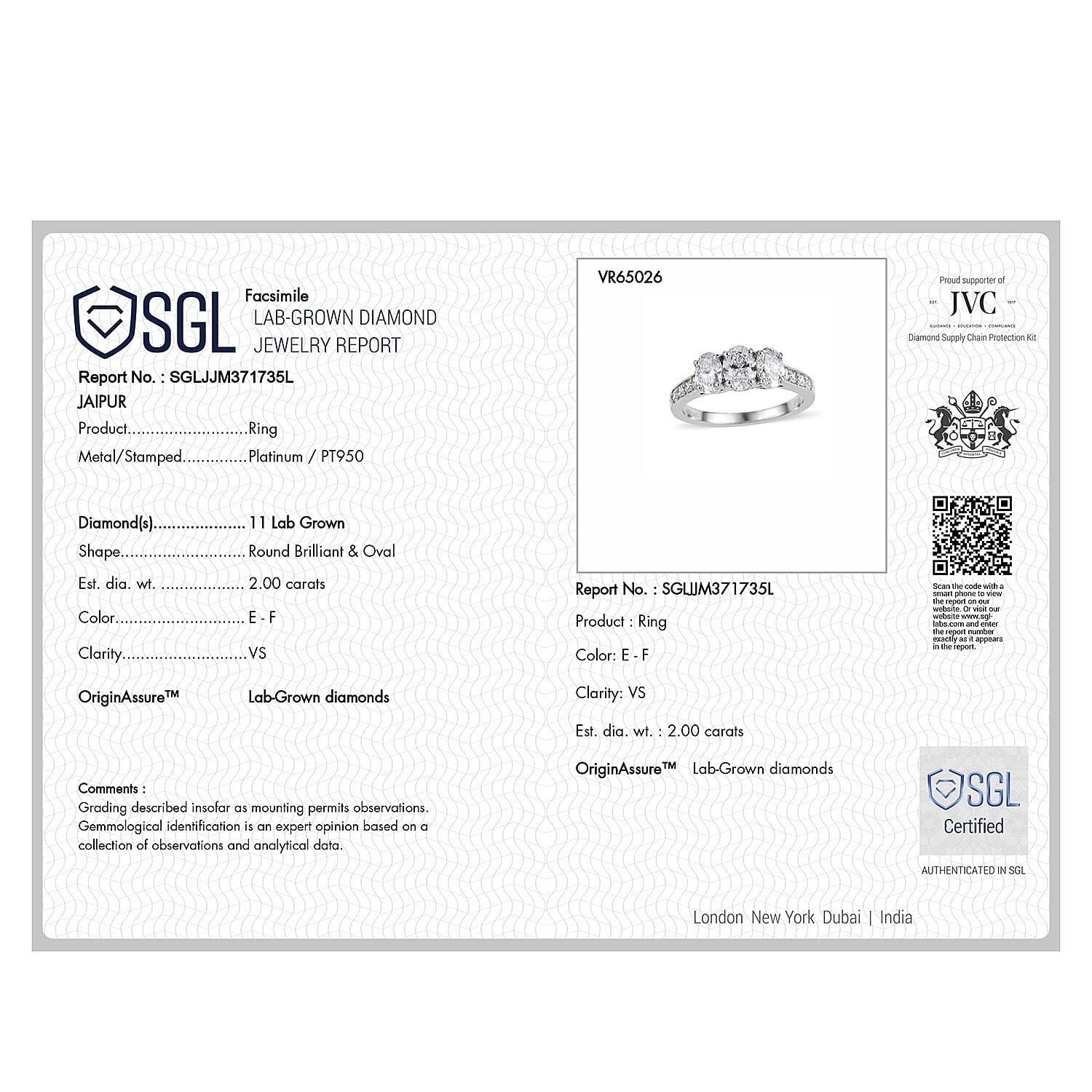 Luxuriant - 950 Platinum SGL Certified Lab Grown Diamond (VS-EF) Ring 2.09 Ct, Platinum Wt. 4.90 Gms.