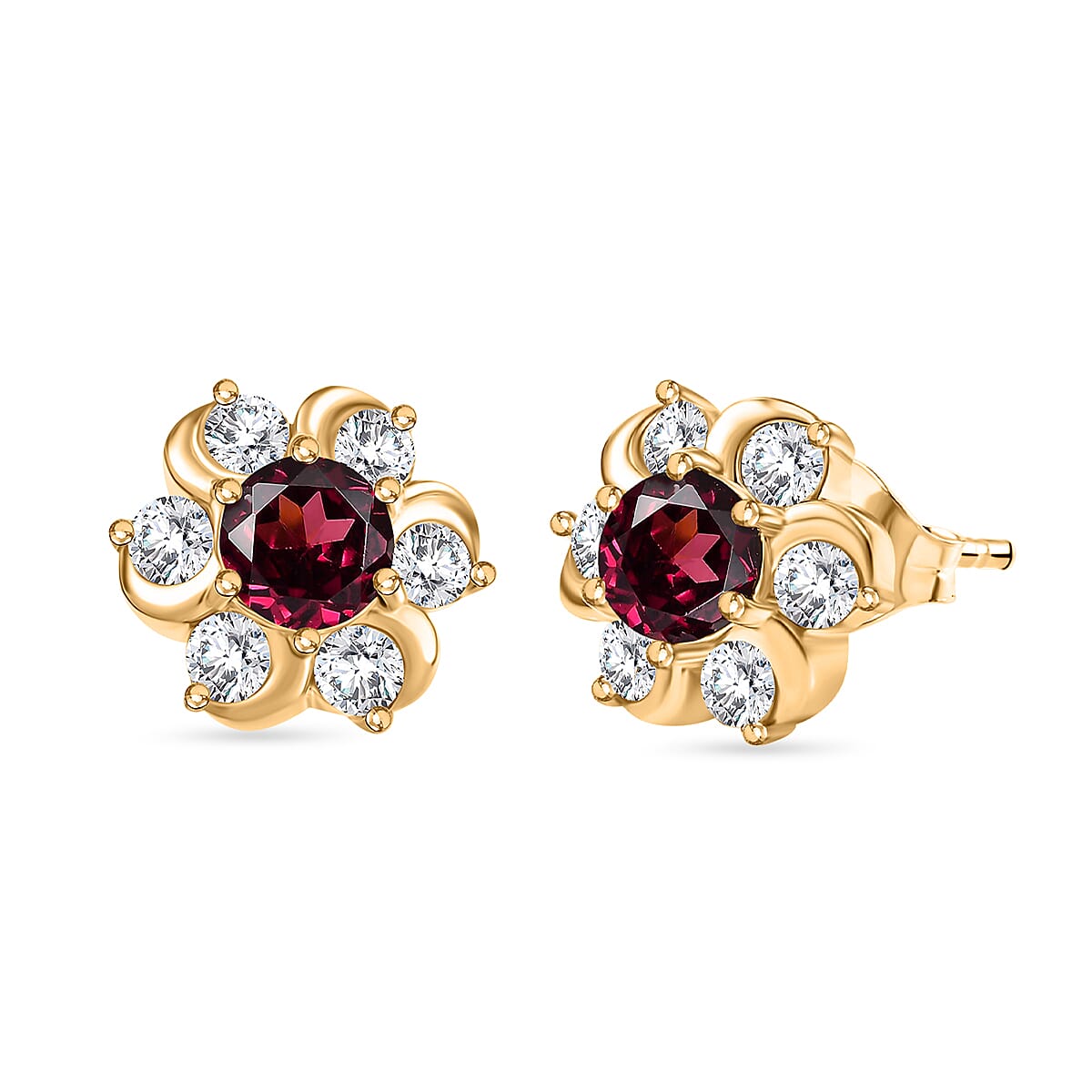 Orissa Natural Rhodolite Garnet & White Zircon Earring with Push Back in 18K Vermeil Yellow Gold Plated Sterling Silver 1.82 Ct.