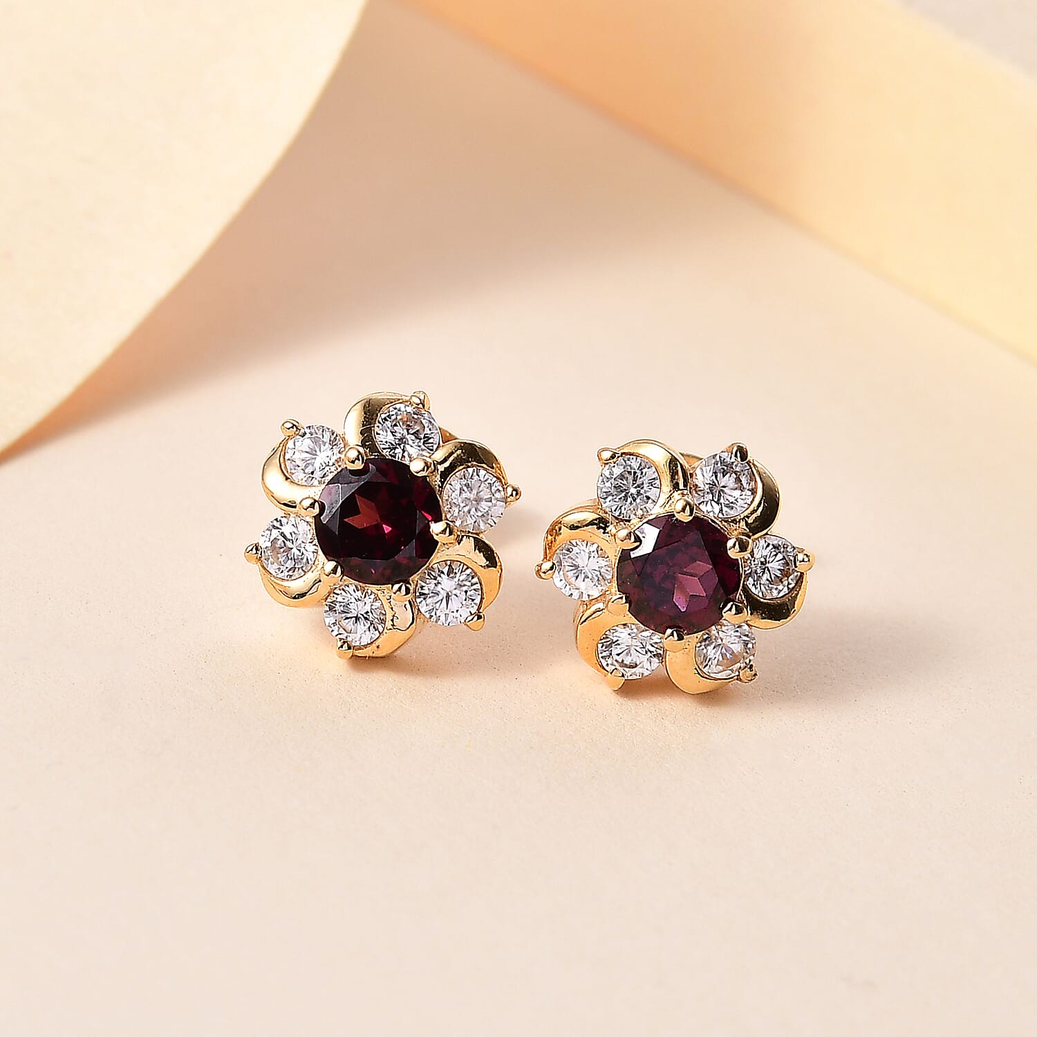 Orissa Natural Rhodolite Garnet & White Zircon Earring with Push Back in 18K Vermeil Yellow Gold Plated Sterling Silver 1.82 Ct.