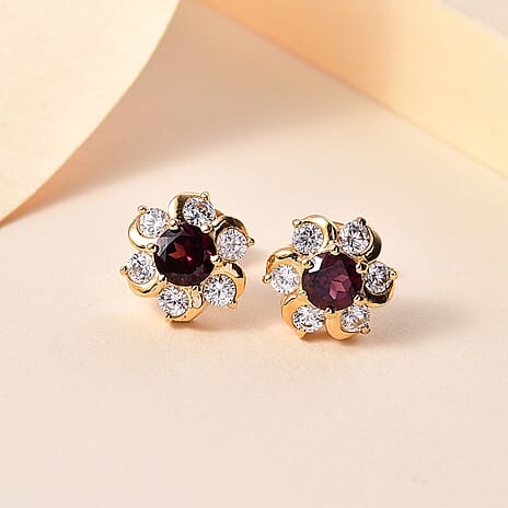 Orissa Natural Rhodolite Garnet & White Zircon Earring with Push Back in 18K Vermeil Yellow Gold Plated Sterling Silver 1.82 Ct.