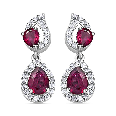 Orissa Natural Rhodolite Garnet & White Zircon Dangling Earring in Rhodium Overlay Sterling Silver 3.042  Ct.