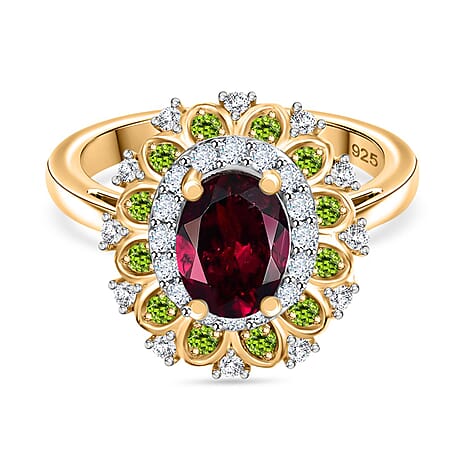 Rhodolite Garnet, Natural Chrome Diopside & White Zircon Ring in 18K Vermeil Yellow Gold Plated Sterling Silver 2.25 Ct.