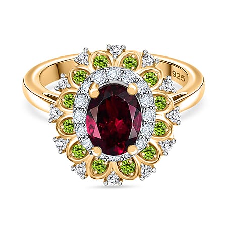 Rhodolite Garnet, Natural Chrome Diopside & White Zircon Ring in 18K Vermeil Yellow Gold Plated Sterling Silver 2.25 Ct.