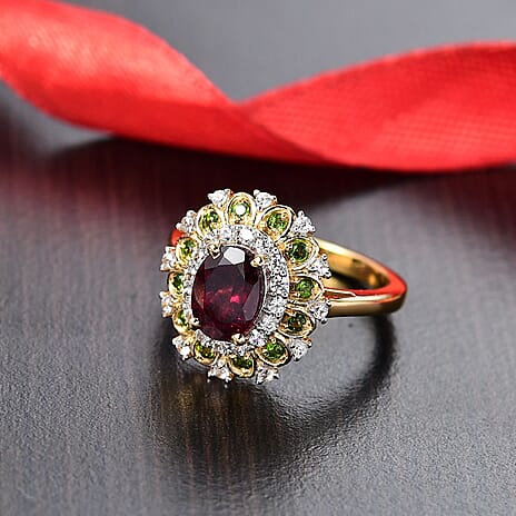 Rhodolite Garnet, Natural Chrome Diopside & White Zircon Ring in 18K Vermeil Yellow Gold Plated Sterling Silver 2.25 Ct.