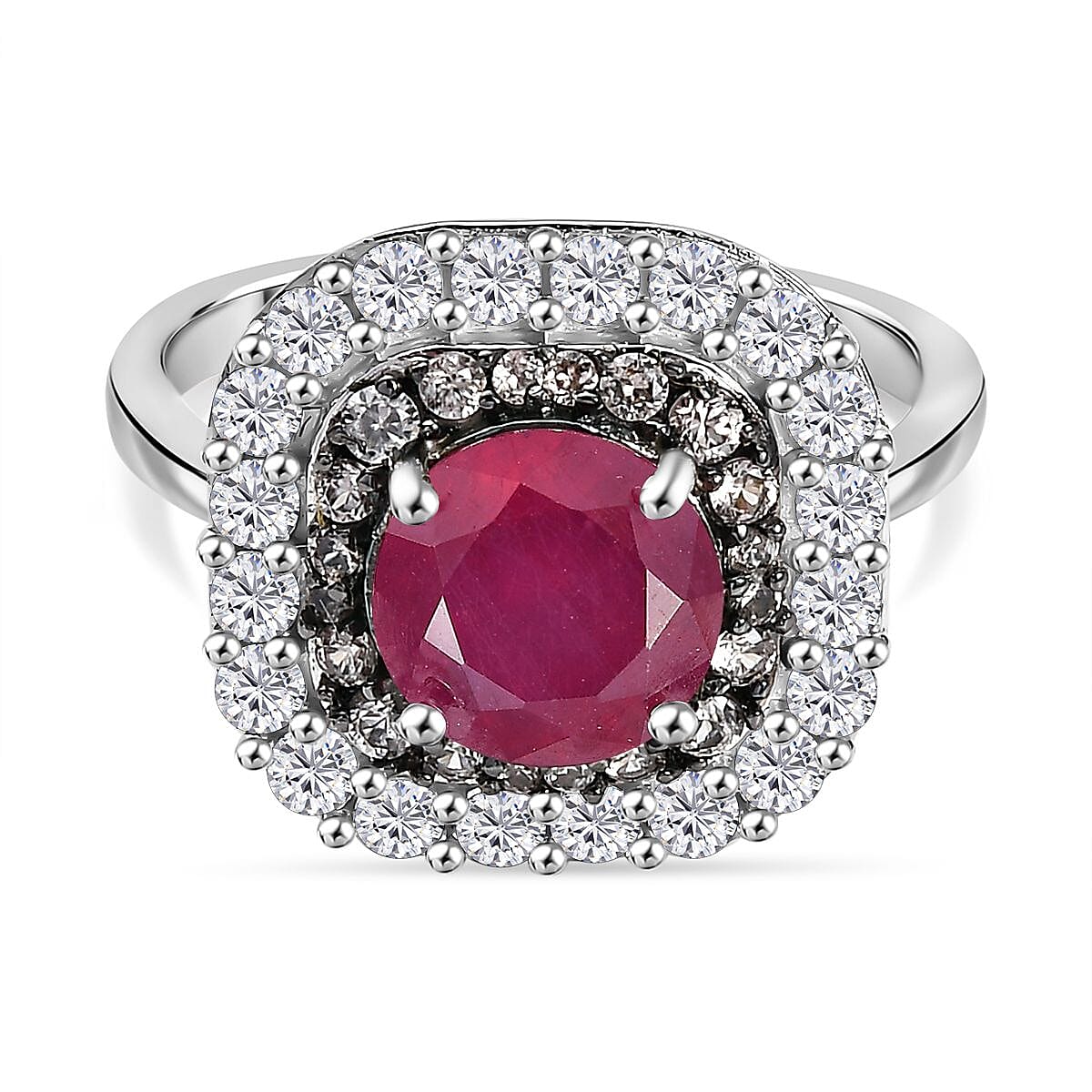 African Ruby, White Zircon & Natural Champagne Zircon Ring in Rhodium Overlay Sterling Silver 4.08 Ct.