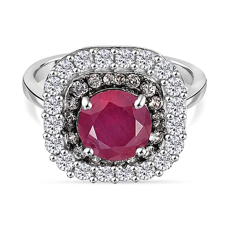 African Ruby, White Zircon & Natural Champagne Zircon Ring in Rhodium Overlay Sterling Silver 4.08 Ct.