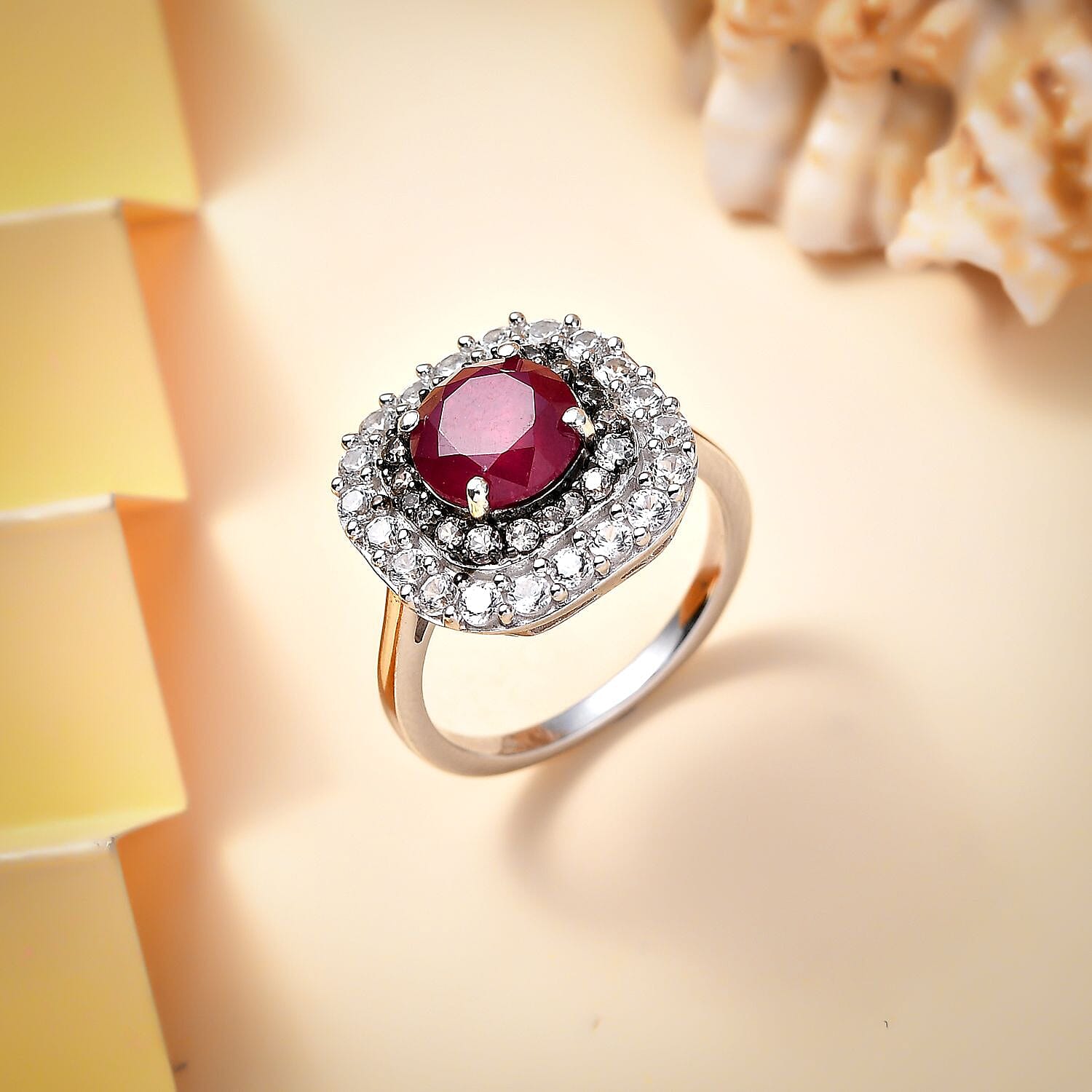 African Ruby, White Zircon & Natural Champagne Zircon Ring in Rhodium Overlay Sterling Silver 4.08 Ct.