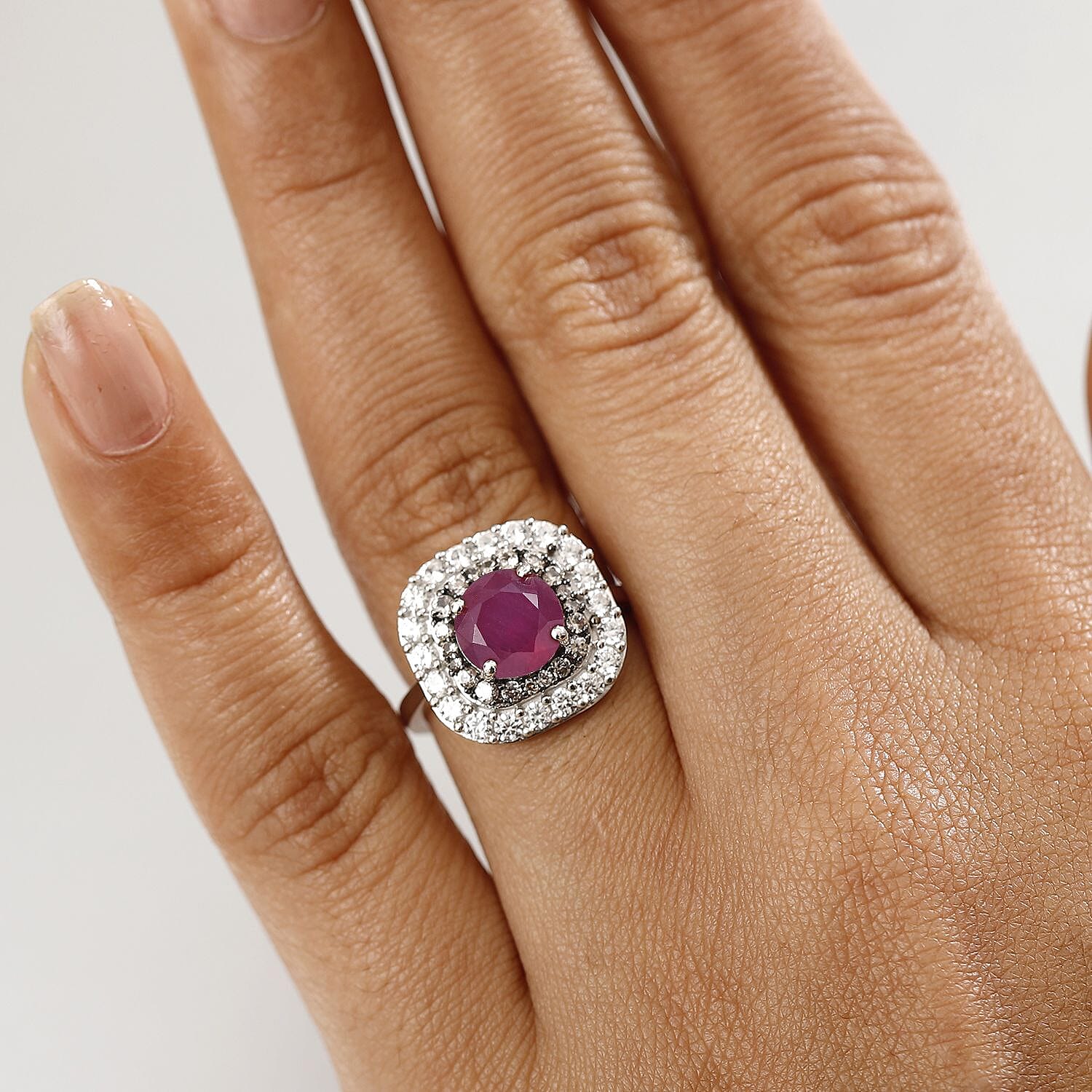 African Ruby, White Zircon & Natural Champagne Zircon Ring in Rhodium Overlay Sterling Silver 4.08 Ct.