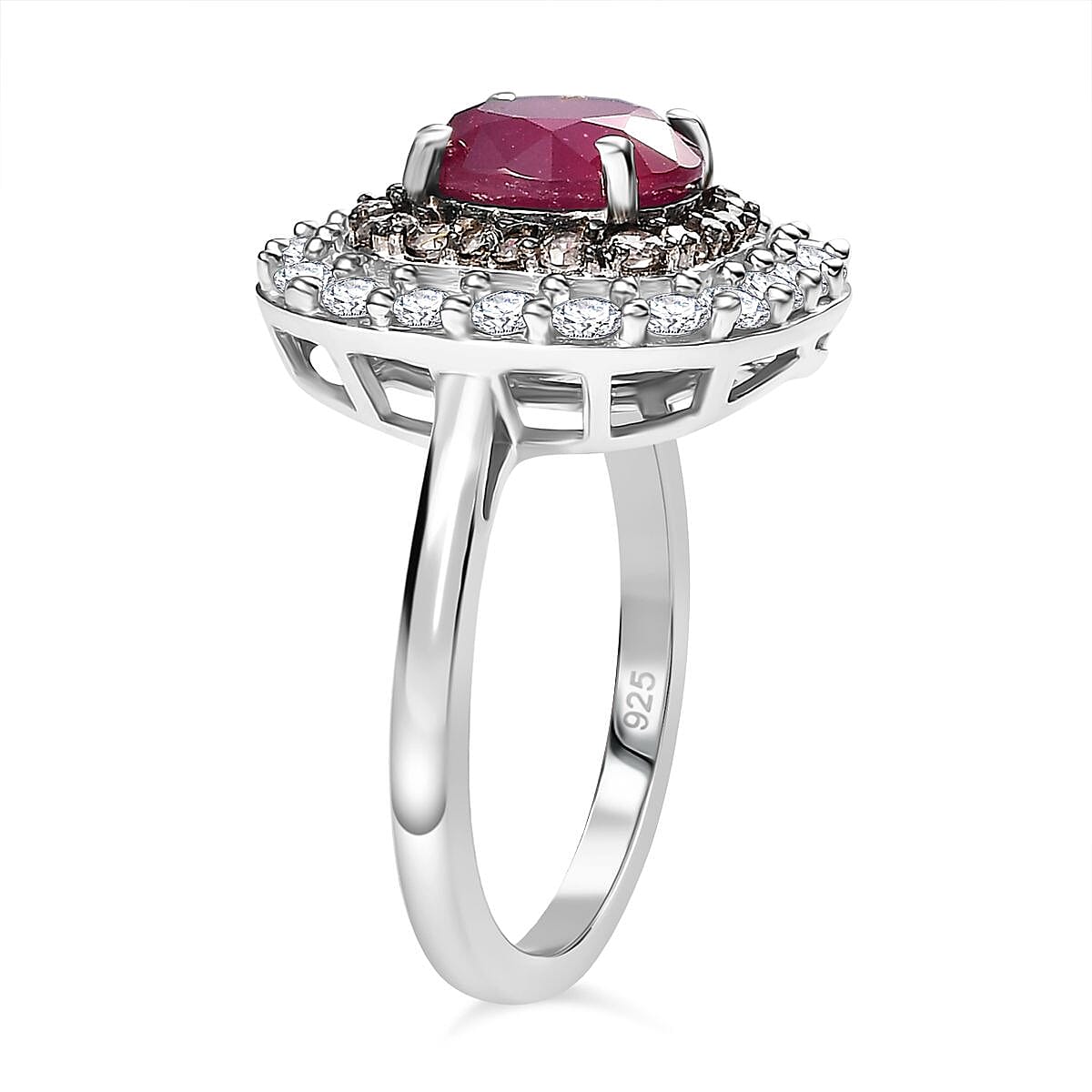 African Ruby, White Zircon & Natural Champagne Zircon Ring in Rhodium Overlay Sterling Silver 4.08 Ct.